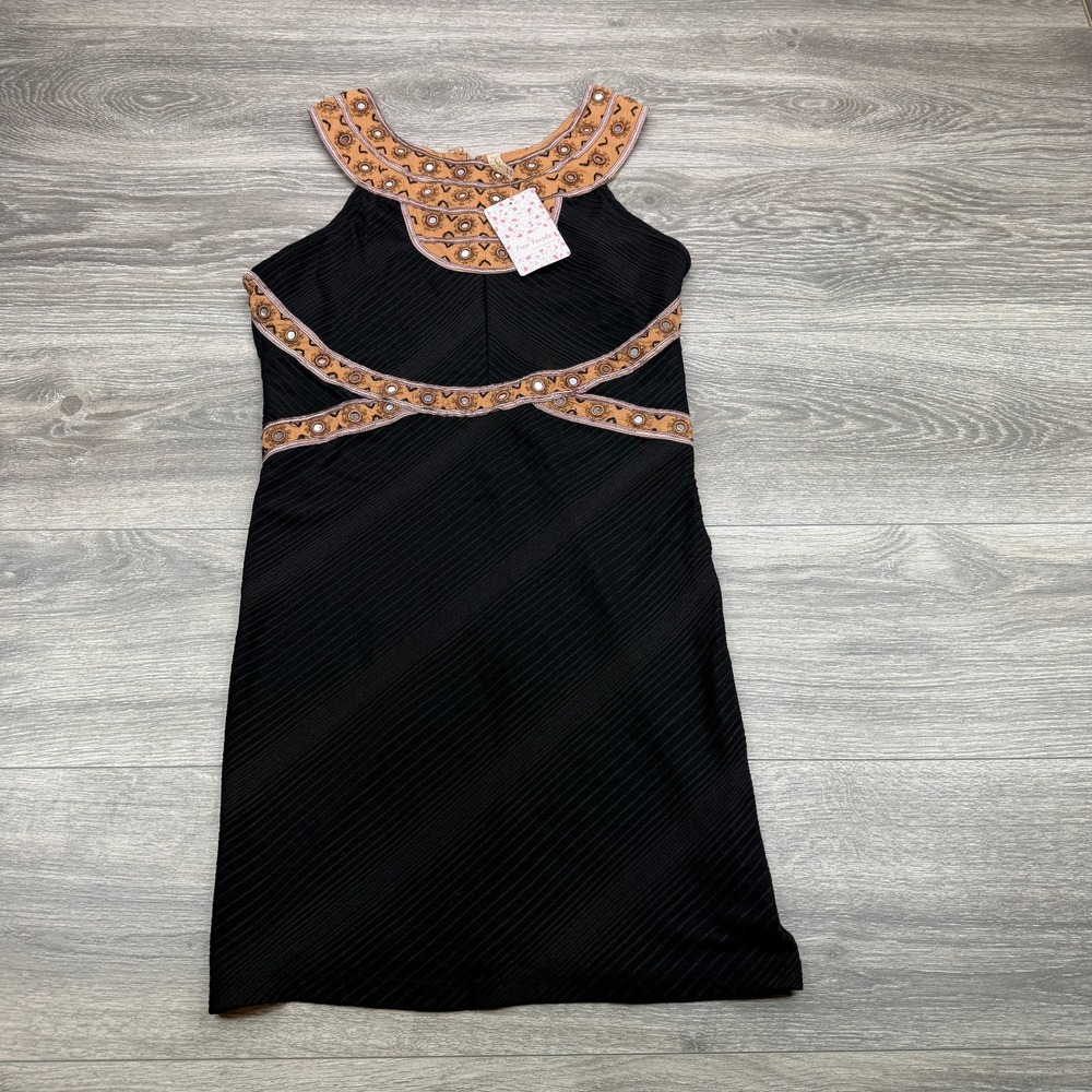 Free People Dress Womens Small Black Embroidered Mirror Boho Sleeveless Mini